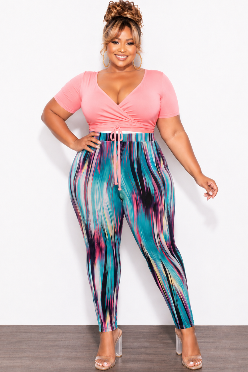 Final Sale Plus Size 2pc Long Sleeve Crop Tie Top and Mesh Pants in Neon Pink Multi Color