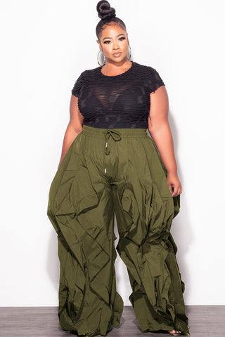 Final Sale Plus Size Wide Leg Drawstring Oversized Windbreaker Wavy Pants in Olive