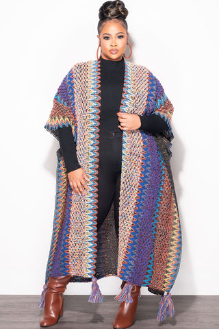 Final Sale Plus Size Knitted Cardigan with Bottom Tassels in Blue, Brown and Black