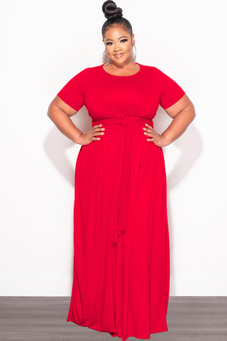 Final Sale Plus Size 2pc Short Sleeve Tie Top and Skirt Set in Red