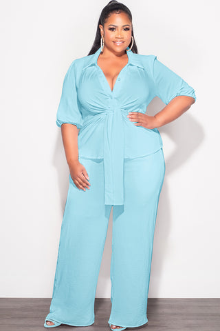Final Sale Plus Size 2pc Button Up Collar Top and Pants Set in Aqua Linen