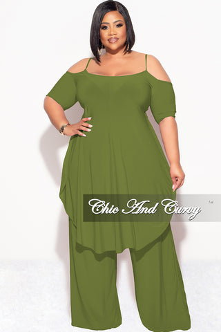 Final Sale Plus Size 2pc Cold Shoulder High Low Top and Wide Leg Pants in Olive