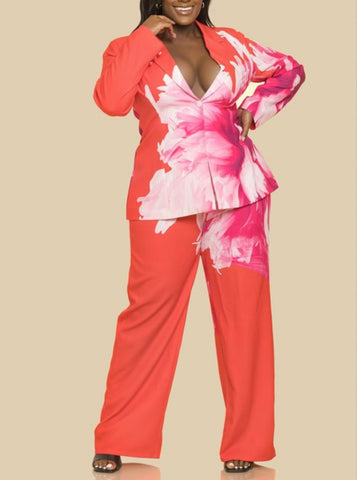 Final Sale Plus Size 2pc Suit with Jacket & Pants in Dark Coral Floral Print