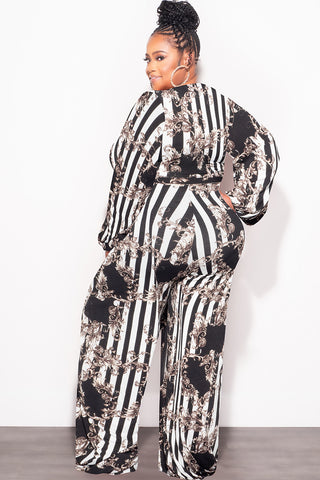 Final Sale Plus Size Deep V Jumpsuit with Tie in Black and White Stripe Print Fall