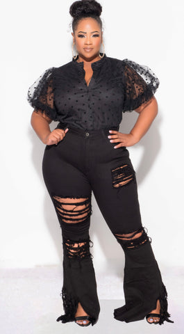 Final Sale Plus Size Distressed Wide Leg Denim Jeans in Black