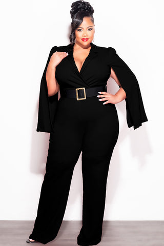 Final Sale Plus Size Faux Wrap Belted Jumpsuit with Cape Sleeves in Black