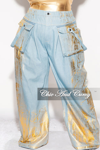 Final Sale Plus Size Cargo Pants in Denim Gold Foil