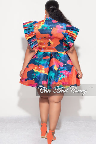 Final Sale Plus Size Ruffle Trim Babydoll Bubble Dress with Cutout Back in Dark Multi- Print