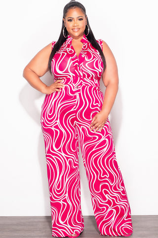 Final Sale Plus Size Collar Button Up Sleeveless Jumpsuit in Fuschia & White Design Print