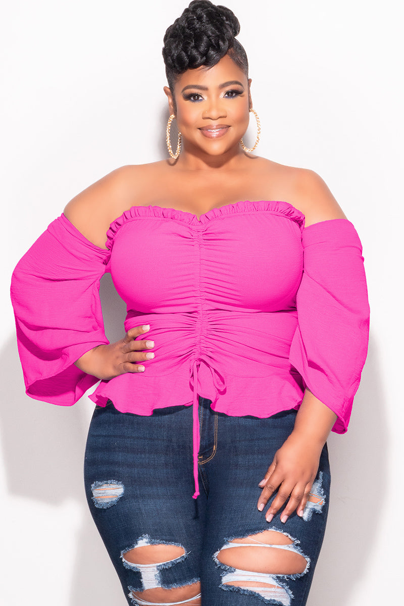 Final Sale Plus Size Off the Shoulder Frill Top with Middle Drawstring in Light Pink
