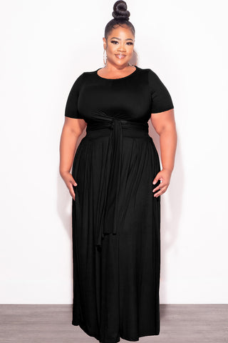 Final Sale Plus Size 2pc Short Sleeve Tie Top and Skirt Set in Black