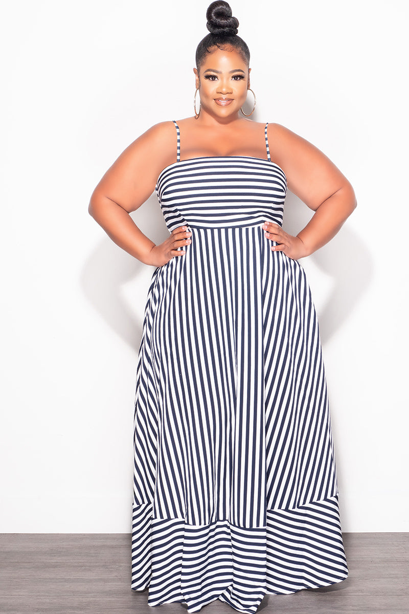 Final Sale Plus Size Frill Spaghetti Strap Maxi Dress in White and Navy Stripe Print