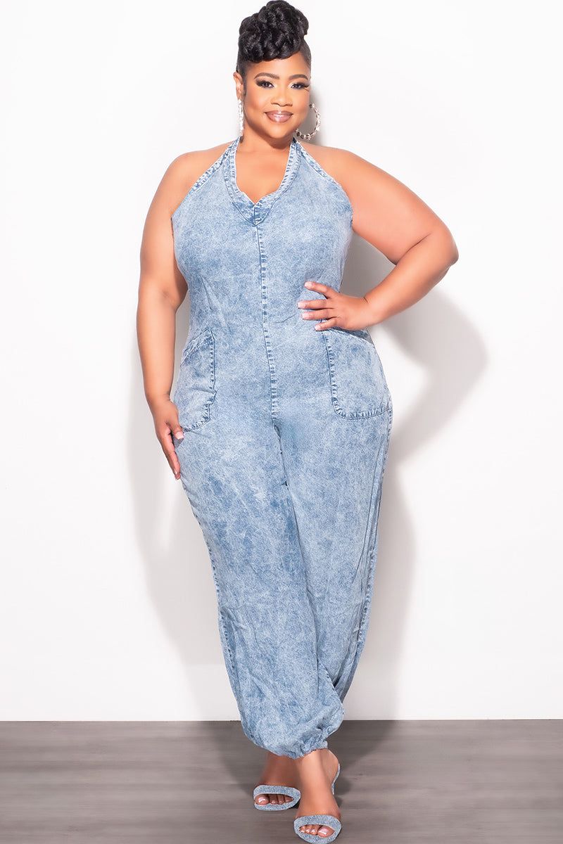 plus size dress overalls Final Sale Plus Size Oversized Halter Jumpsuit in Chambray – Chic And Curvy