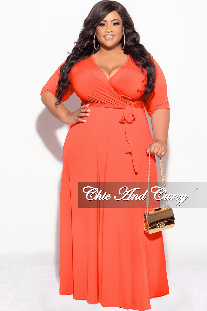 Final Sale Plus Size Deep V Faux Wrap Dress with 3/4 Sleeves in Orange