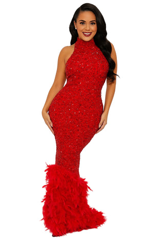 Final Sale Sleeveless Feather Sequin Gown in Red