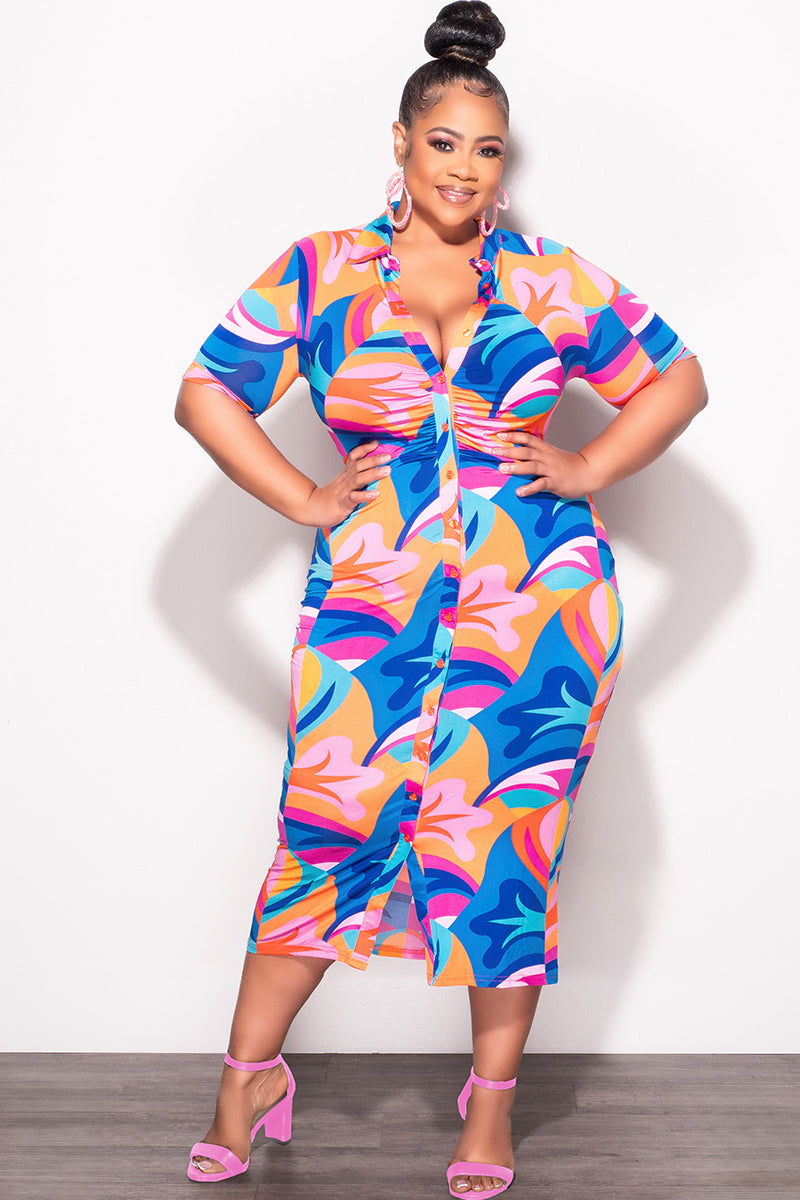 Final Sale Plus Size Collar Button Up BodyCon Dress In Multi Color "Me Chic And Curvy Final Sale Plus Size Collar Button Up BodyCon Dress In Multi Color "Me Chic And Curvy