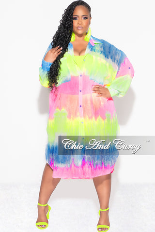 Final Sale Plus Size Sheer Button Up Collar Tunic Dress in Multi Color Print