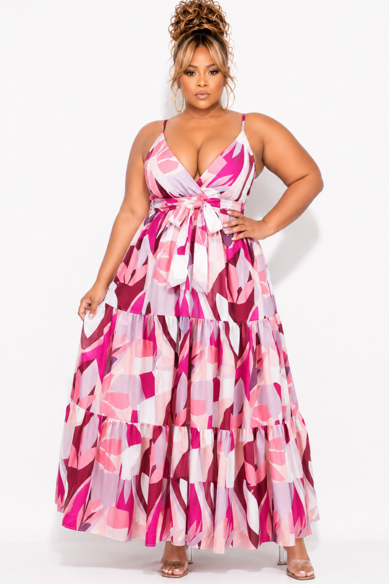 Final Sale Plus Size Spaghetti Strap Abstract Print Tiered Maxi Dress in Pink Multi-Color Print