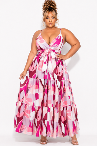 Final Sale Plus Size Spaghetti Strap Abstract Print Tiered Maxi Dress in Pink Multi-Color Print