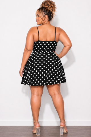 Final Sale Plus Size Spaghetti Strap Knit Crepe Dress in Black & White Polka Print