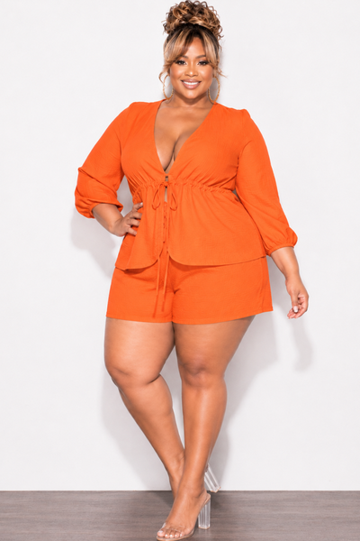 Final Sale Plus Size 2pc Drawstring Top and Shorts Set in Burnt Orange