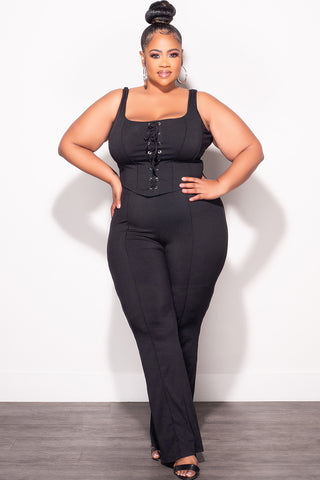 Final Sale Plus Size Ribbed 2pc Sleeveless Lace Up Tank Top & Pants Set in Black