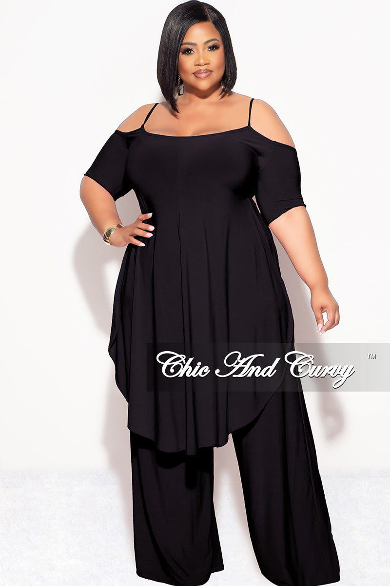 Final Sale Plus Size 2pc Cold Shoulder High Low Top and Wide Leg