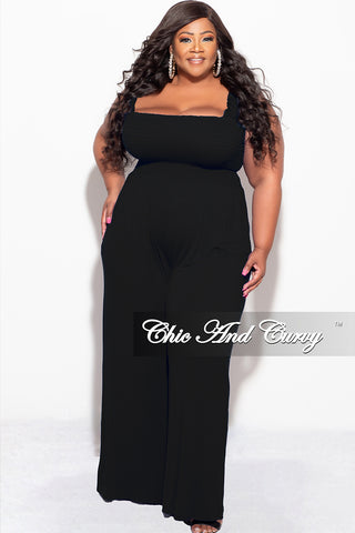 Final Sale Plus Size Jumpsuit with Smocking & Elastic Straps in Black