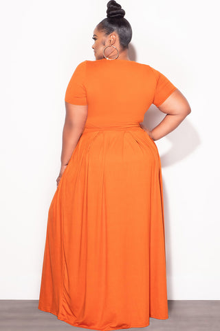 Final Sale Plus Size 2pc Short Sleeve Tie Top and Skirt Set in Orange