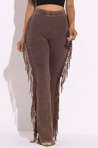 Final Sale Plus Size High Waist Fringe Trim Pants in Brown Acid Wash Print Jersey