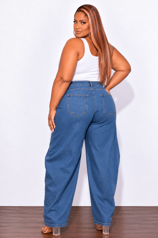 Final Sale Plus Size Crossover-Waist Barrel Leg Jeans in Denim