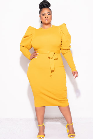 Final Sale Plus Size “Sonya Dress” - Puffy Sleeve Ribbed BodyCon Dress with Waist Tie in Mustard