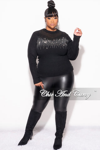 Final Sale Plus Size Ribbed Rhinestone Sweater Top in Black