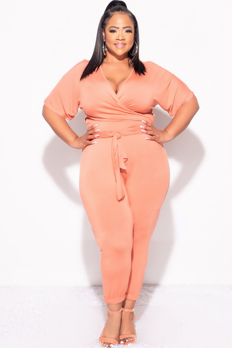 Final Sale Plus Size 2pc Faux Wrap Top & Pants in Rust