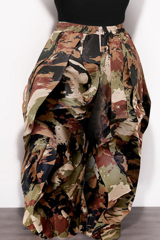 Final Sale Plus Size Wide Leg Drawstring Oversized Windbreaker Wavy Pants in Camo Olive/Black Multi Color Print