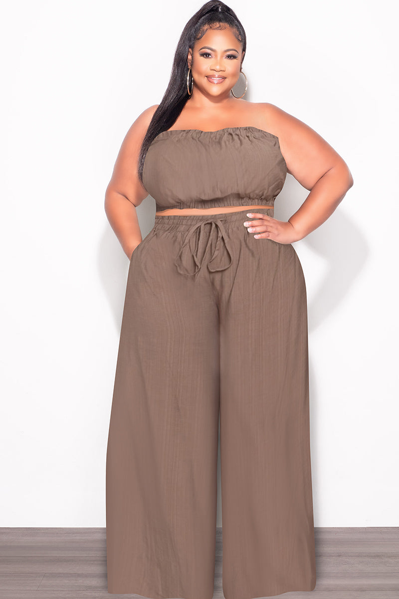 Final Sale Plus Size 2pc Strapless Crop Top and Flare Pants Set In Mocha Brown