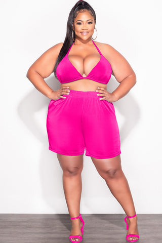 Final Sale Plus Size Slinky 3pc Set (Collar Top, Halter Bra and Bermuda Shorts) Set in Magenta