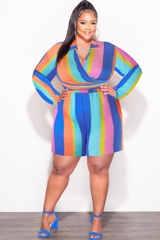 Final Sale Plus Size 2pc Set with Collar Crop Tie Top and Shorts Set in Multi Color Stripe Print