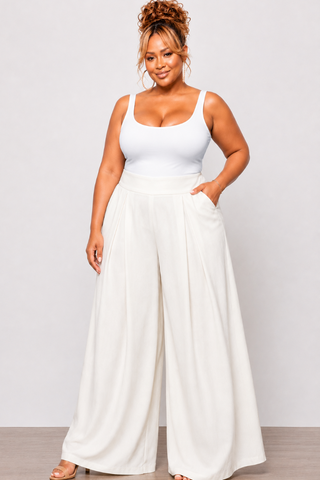 Final Sale Plus Size High-Waist Pleated Wide Leg Slacks in Off White (Pants Only)