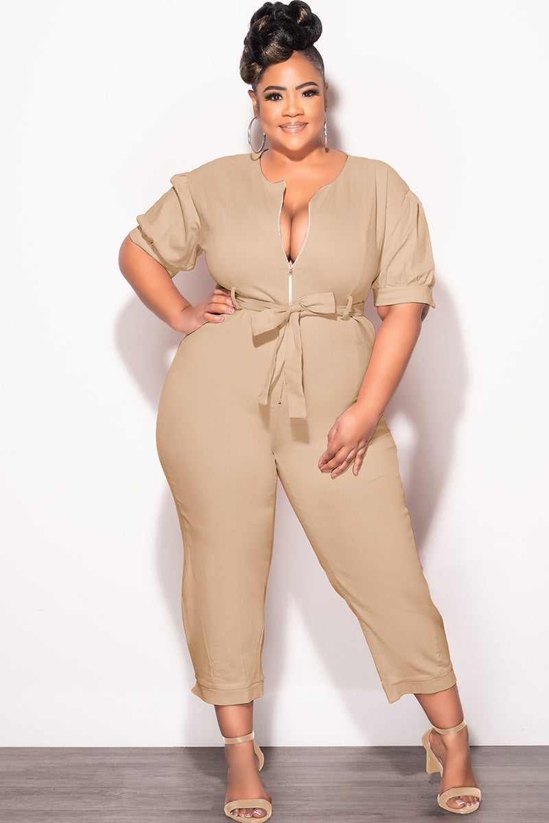Final Sale Plus Size Cropped Zip-Up Wide Leg Jumpsuit in Khaki