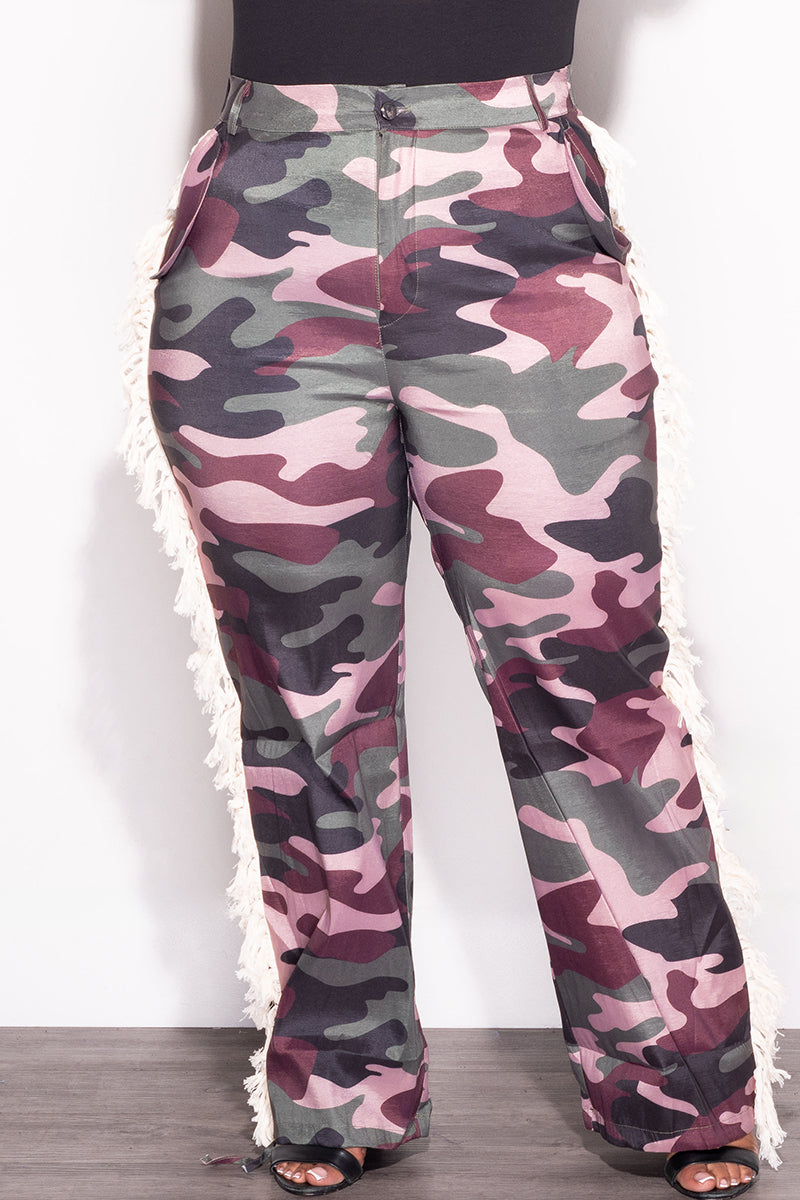 Final Sale Plus Size Pants with Fringe High Waist in Camo