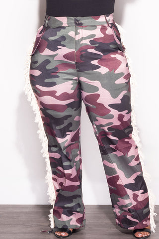Final Sale Plus Size Pants with Fringe High Waist in Camo