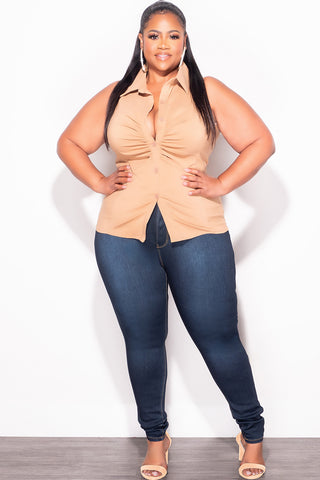 Final Sale Plus Size Sleeveless Collar Button Up Ruched Top in Cappuccino