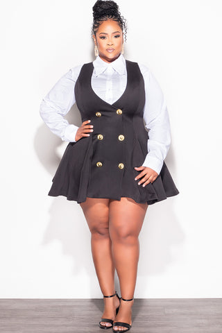 Final Sale Plus Size Sleeveless Scuba Baby Doll Dress with Gold Buttons in Black (Dress Only)