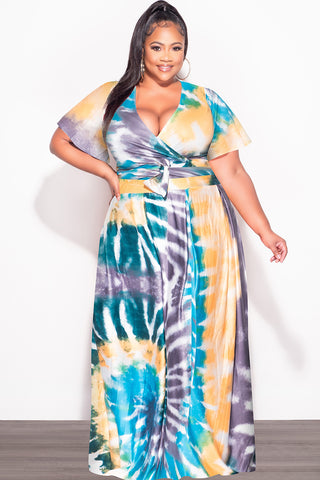 Final Sale Plus Size 2pc (Faux Wrap Crop Tie Top & Skirt) Set in Teal / Mustard Tie Dye Print