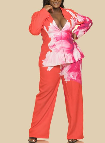 Final Sale Plus Size 2pc Suit with Jacket & Pants in Dark Coral Floral Print