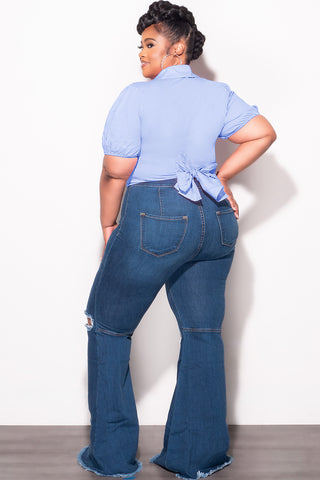 Final Sale Plus Size Faux Wrap Crop Tie Top in Blue and White Gingham Checker Print