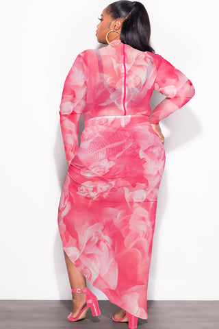 Final Sale Plus Size 2-Pc Mesh Set with Bodysuit & High Split Skirt in Pink Floral Print