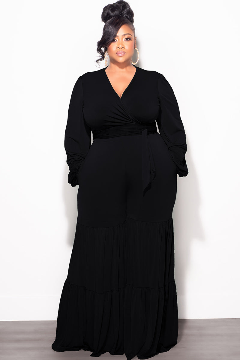 Final Sale Plus Size 2pc Long Sleeve Crop Tie Top and 3-Layer Pants Set in Black