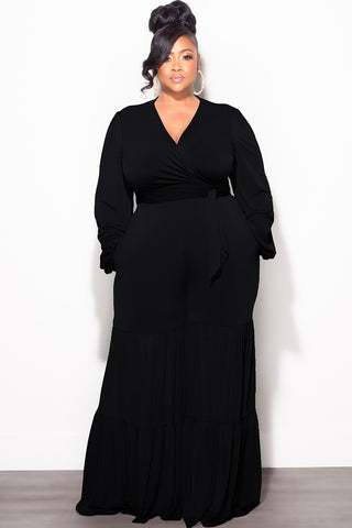 Final Sale Plus Size 2pc Long Sleeve Crop Tie Top and 3-Layer Pants Set in Black